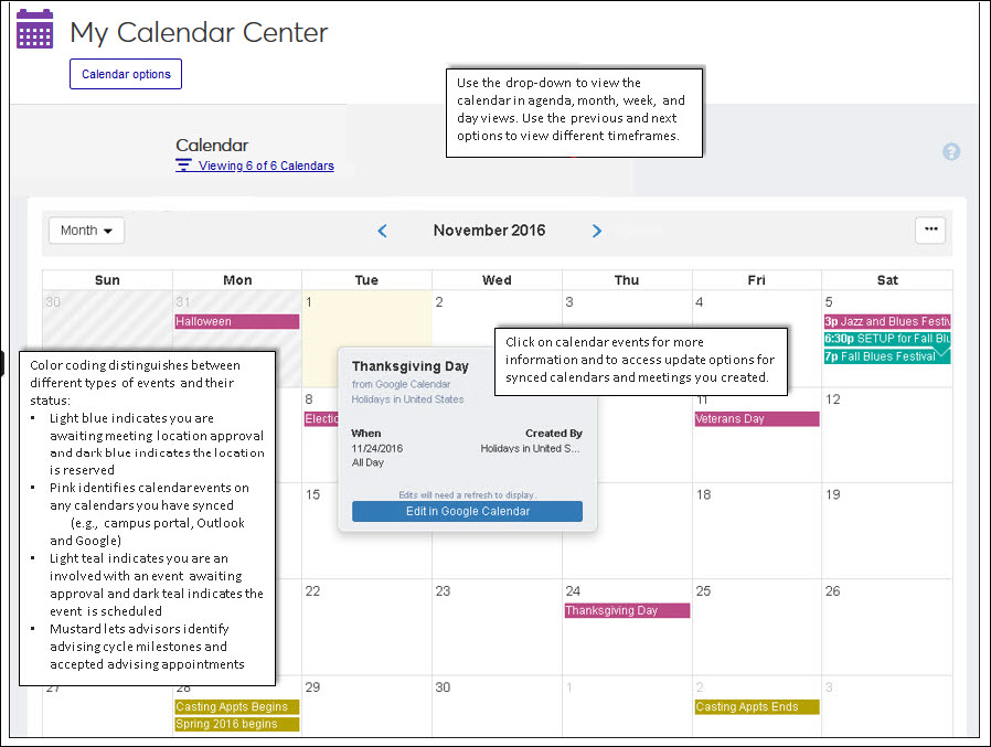 My Calendar Center page with details about color keys and event/meeting detail pop-ups.