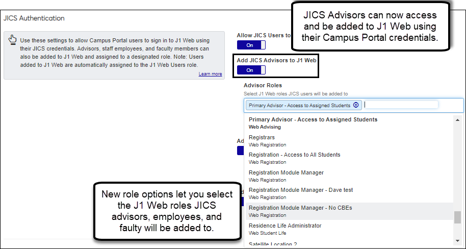 The image shows the Product Installs and Sign In page, JICS Authentication options. The new Add JIS Advisors to J1 Web options are highlighted as well as the new select roles options.