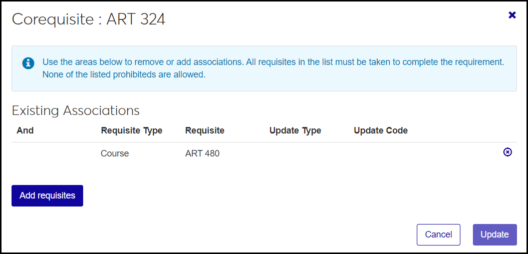 The Associations pop-up for Art 324 showing Art 480 as an associated corequisite