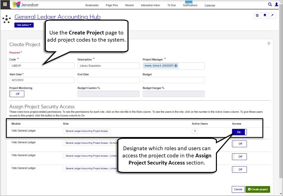 Create Project page. The Assign Project Security Access section is highlighted to show how to grant access to the new project code.