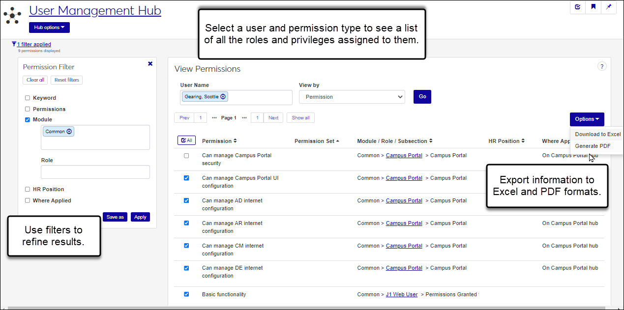Screenshot of View Permissions page with a list of permissions shown for a selected users. Call outs identify the filter and export options.