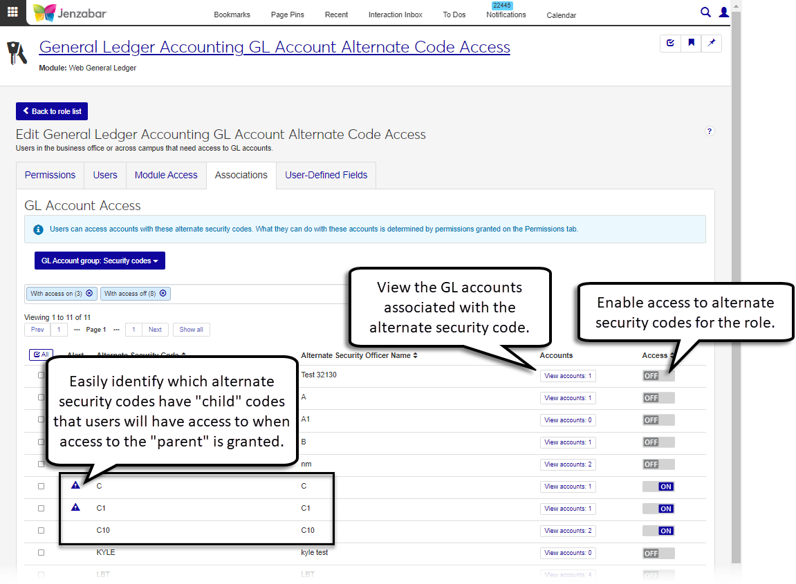 GL Account Alternate Code Access role page, Associations tab.