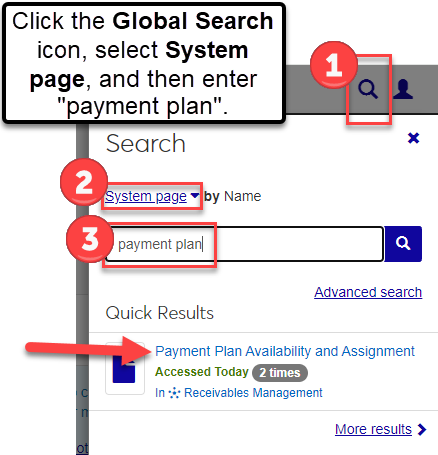 Global search with options selected to open the Payment Plan Availability and Assignment page.