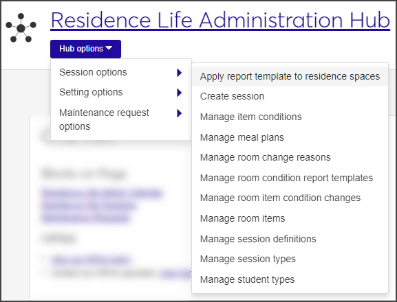 Residence Life Administration Hub - Hub options menu, sessions submenu