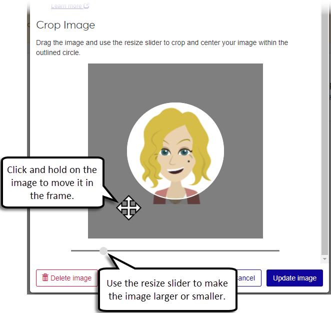 Update Image pop-up with options to move and zoom the image highlighted.