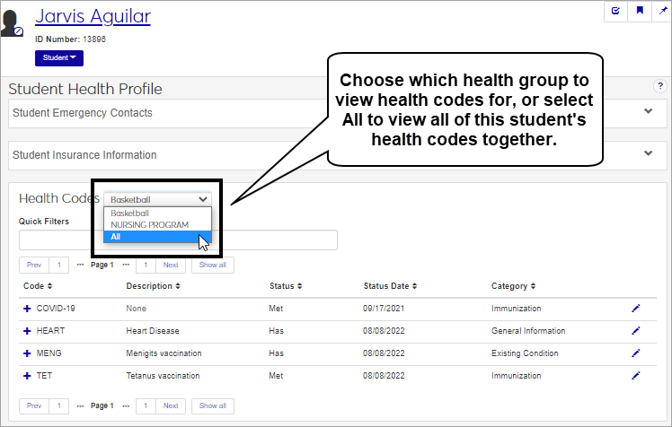 Health Codes page