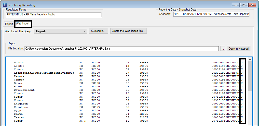 Regulatory Reporting window, Web import tab, showing the First Generation Student value code in the last column on the right