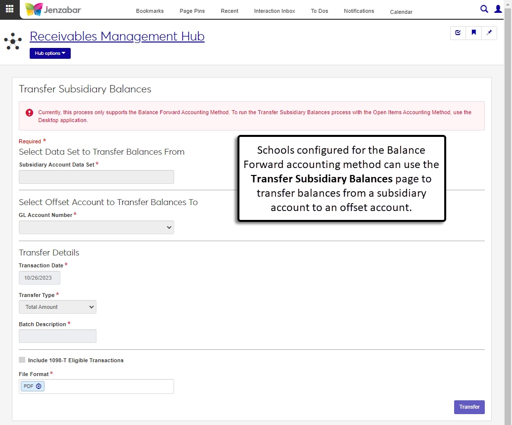 Transfer Subsidiary Balances page.
