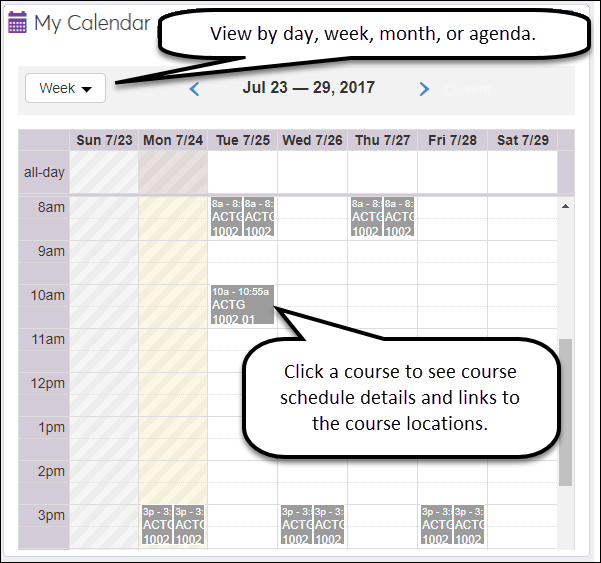 The My Calendar block showing the "View" drop-down for day, week, month, or agenda. It also shows that you can click on a course to see its details.