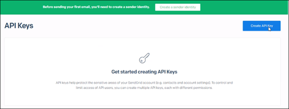 SendGrid setup, API Keys page.