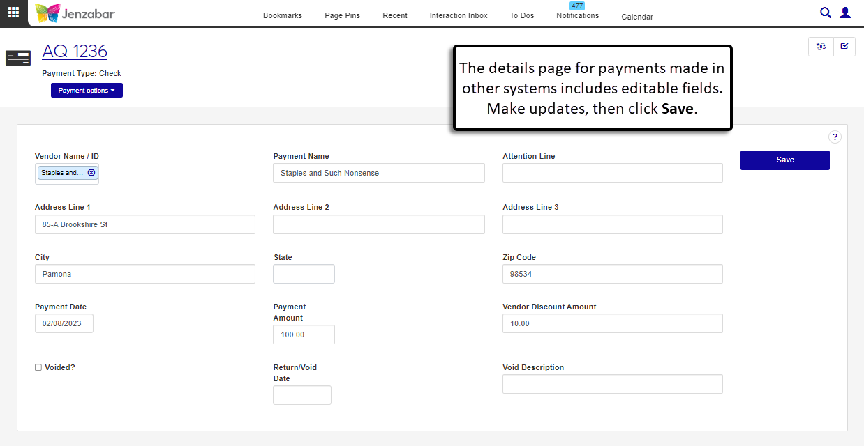 Payment details page for payments made in other systems and recorded in J1. All fields are editable.