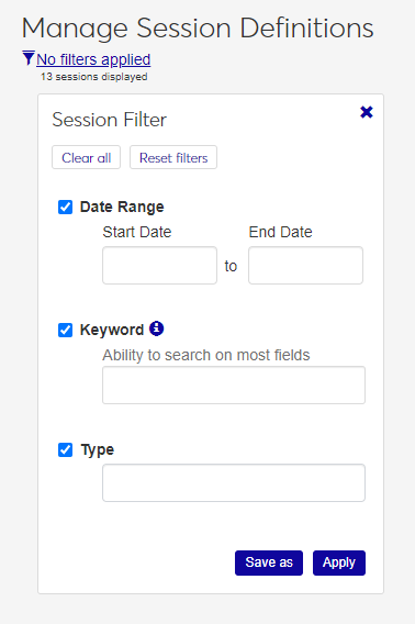 Residence Life Administration hub - session filter