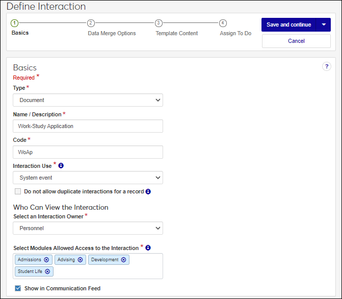 The Basics step of the Define Interaction wizard with details for a document type interaction.