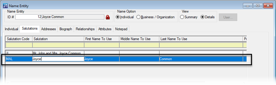 Name Entity window, Salutations tab.