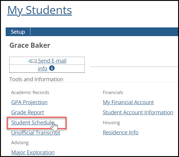 A student's page in the My Students features showing the Student Schedule link