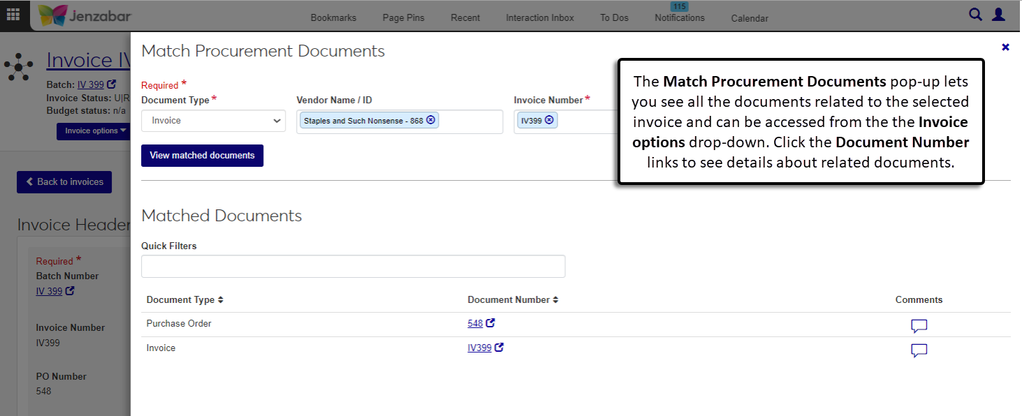 Invoice Details Page Match Procurement Documents pop-up with related PO and requisition information.