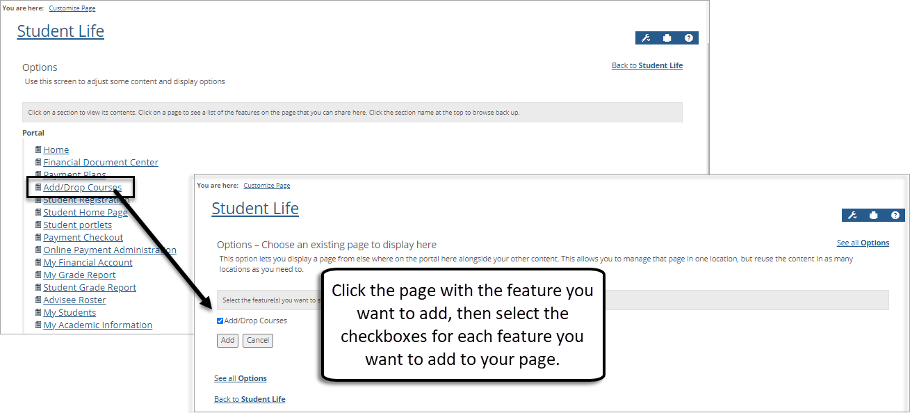 Options to add features from other pages on the Campus Portal.