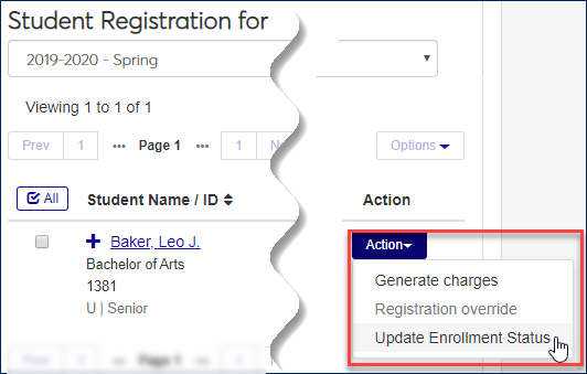 Student Registration window in J1 Web showing the "Action" drop-down with "Update Enrollment Status" selected