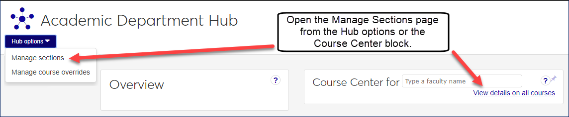 The Academic Department hub showing how to open the Manage Sections page