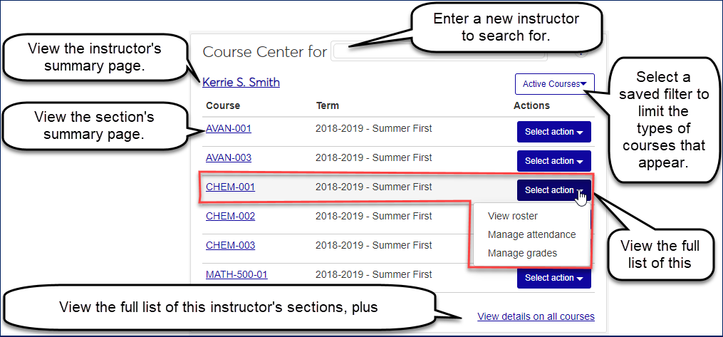Course Center block showing details