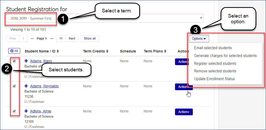 Student Registration page showing the term selection drop-down, the checkboxes for selecting students, and the "Options" drop-down to operate on the selected students