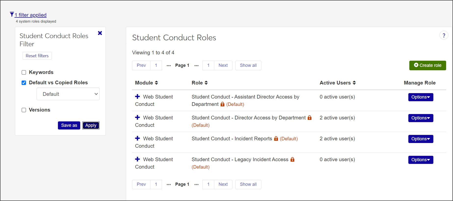 Manage Student Conduct Roles page