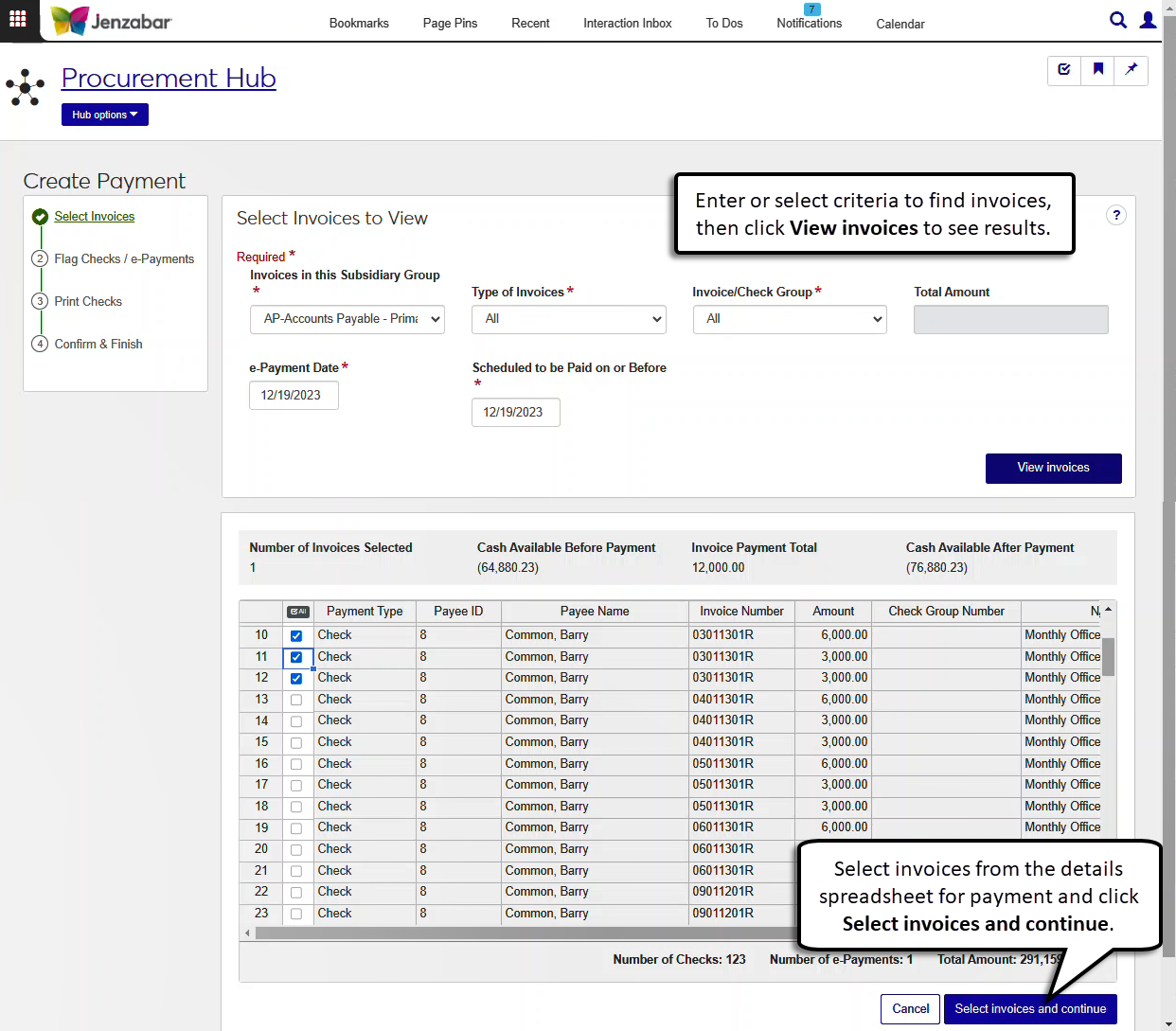 Step 1 of the Create Payment process where invoices are selected based on entered criteria.