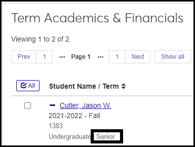Classification in J1 Web in the Registration Operations hub, Student Information, Term Academics and and Financials page.