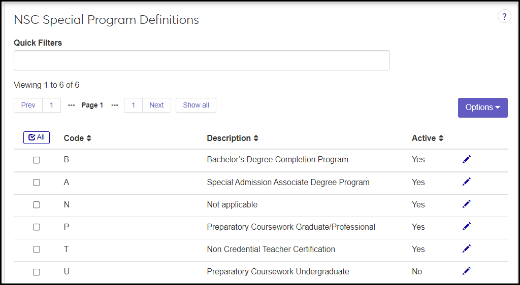 NSC Special Program Definitions page showing one of the definitions marked inactive