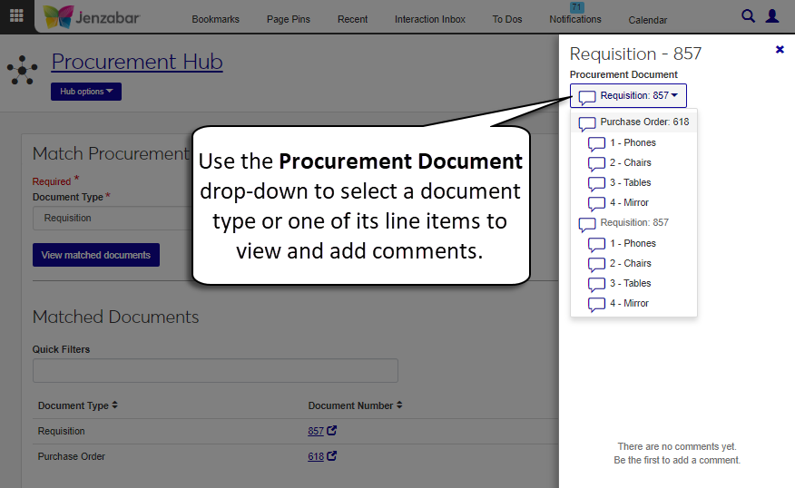 Comments pop-up on the Match Procurement Documents page.