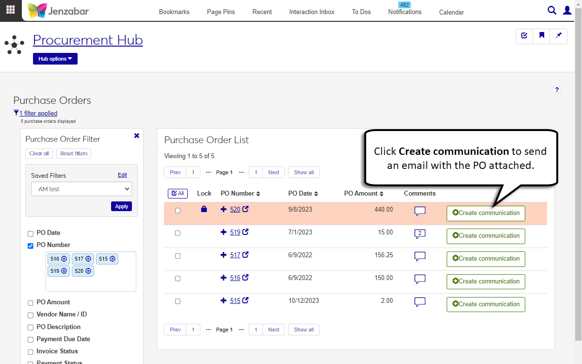 Purchase Order List page with the Create communication button highlighted for a PO row.