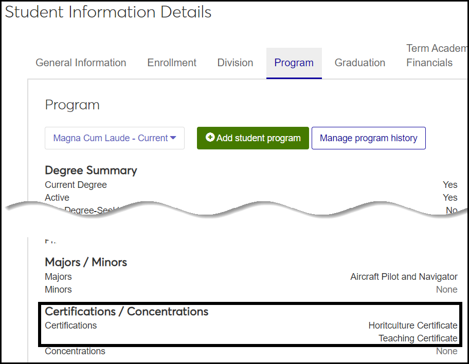 Student Information Details page, Program tab showing the Certifications field under the Certifications / Concentrations heading