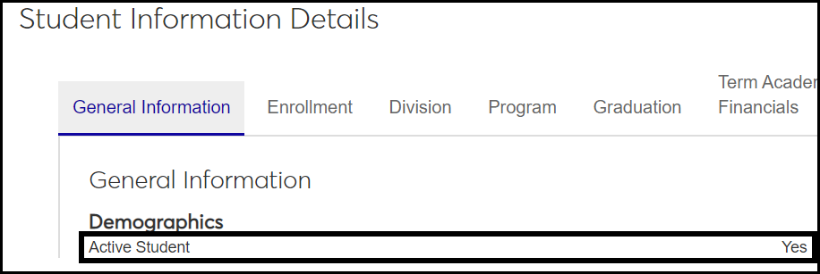 Student Information Details page for a student showing Active Student set to Yes