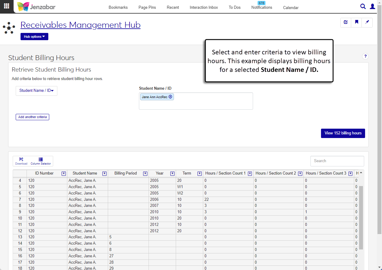 J1 Web Student Billing Hours page.