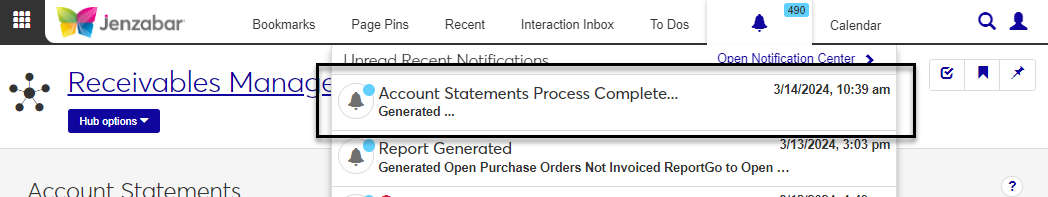Notification drop-down with the Account Statements process notification highlighted.