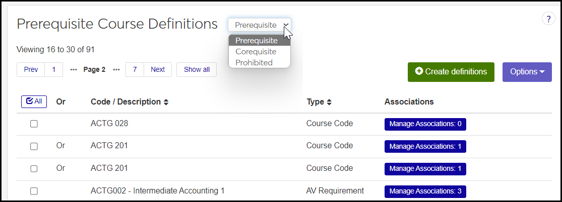 Pre, Co, Pro page showing the drop-down for the views: Prerequisite, Corequisite, and Prohibited