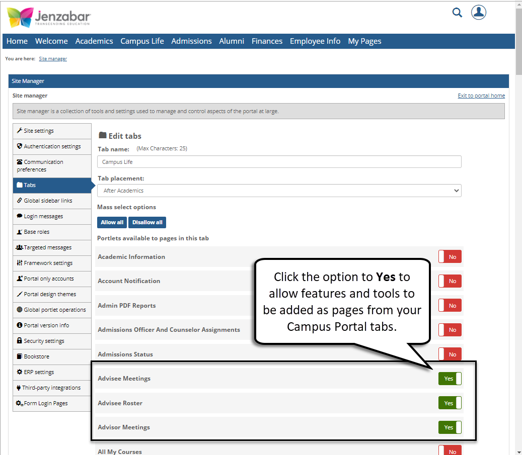 Site Manager settings for adding pages to Campus Portal tabs.