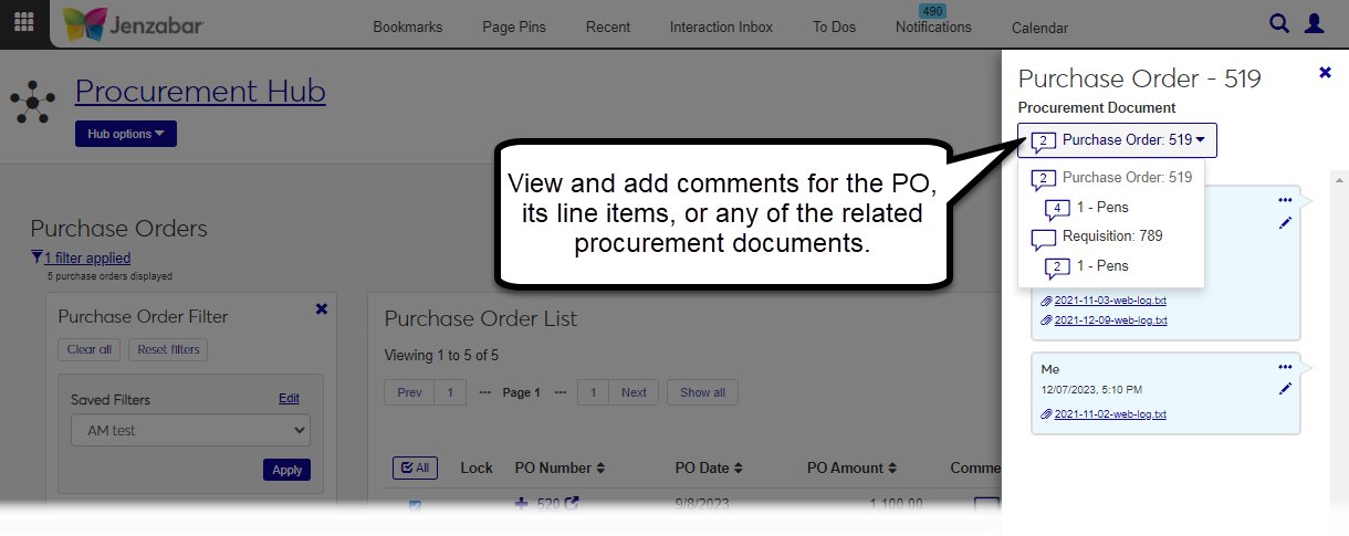 Purchase Order List page with the Comments pop-up displayed for a selected PO.