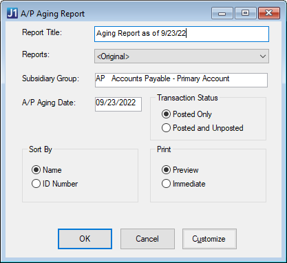 Desktop A/P Aging Report window.