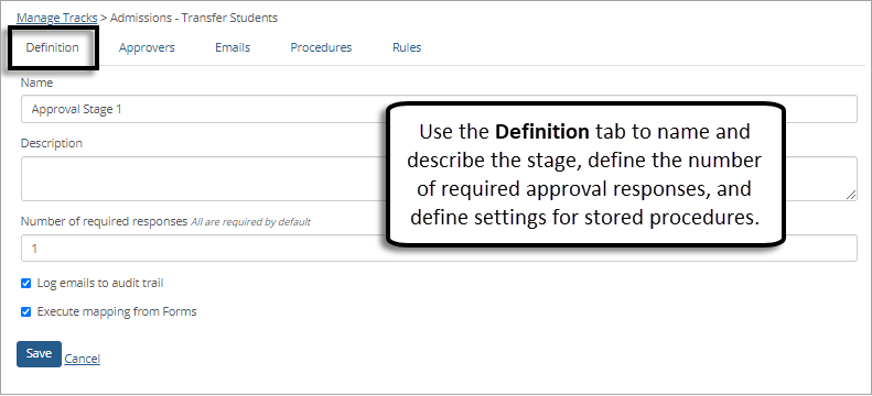 Workflow track, Stage definition tab.