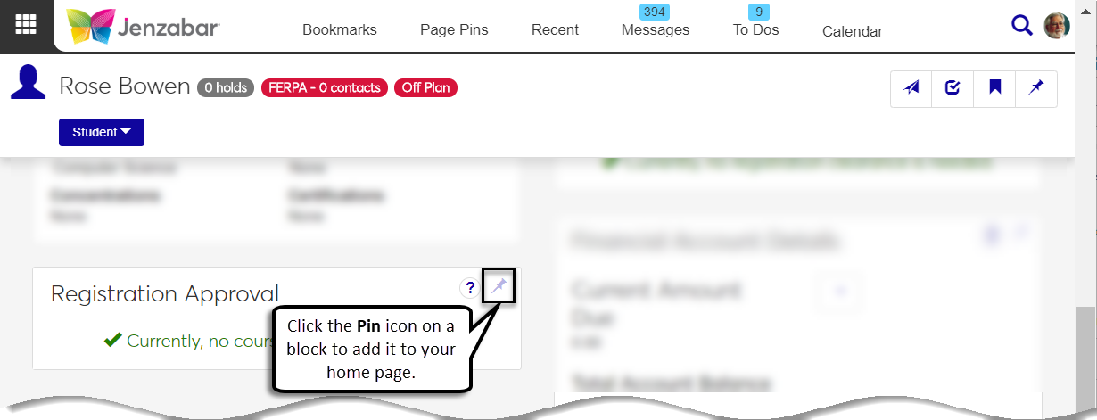 Student page with the block Pin icon highlighted.