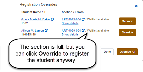 The Registration Overrides pop-up showing a section-full error that you can override