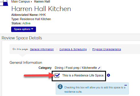 Residence Space details - Residence Life Space checked