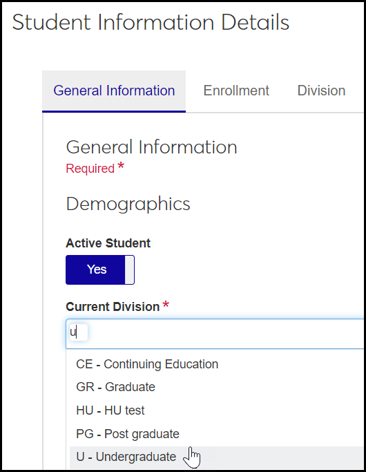 Student Information Details page, General Information tab showing Undergraduate selected for Current Division