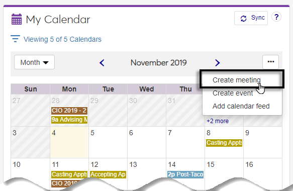 My calendar block with the Create meeting option selected from the options drop-down.