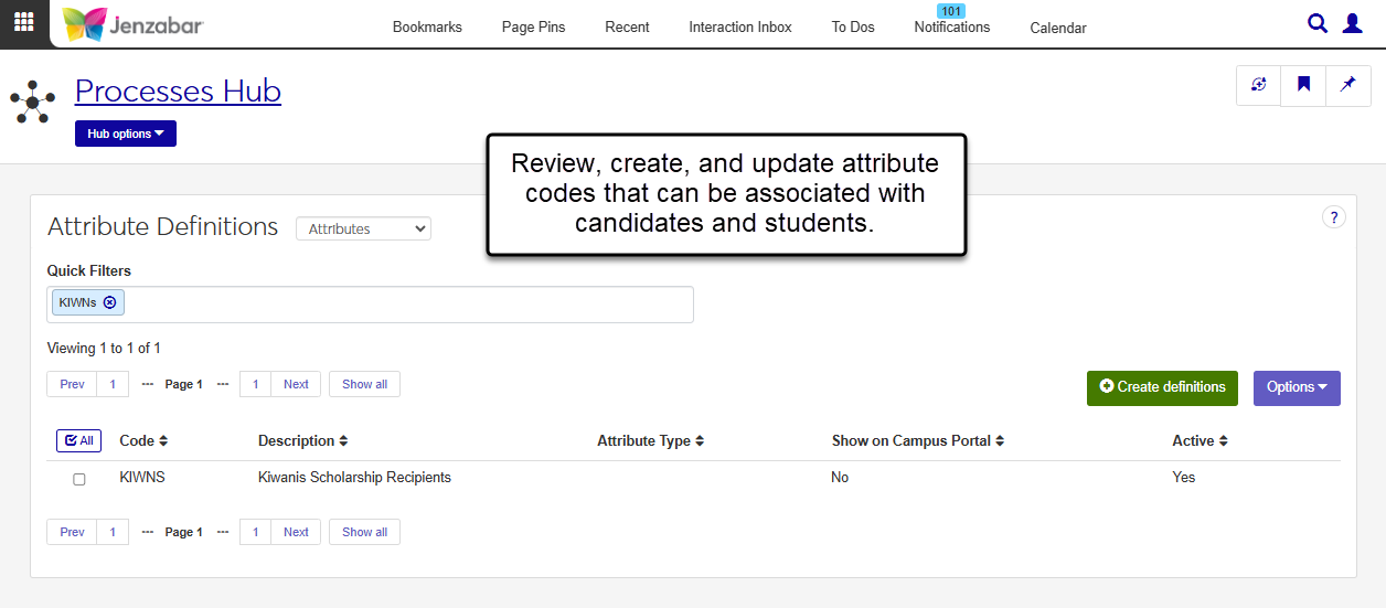 Attribute Definitions page filtered to shows the KIWNS code.