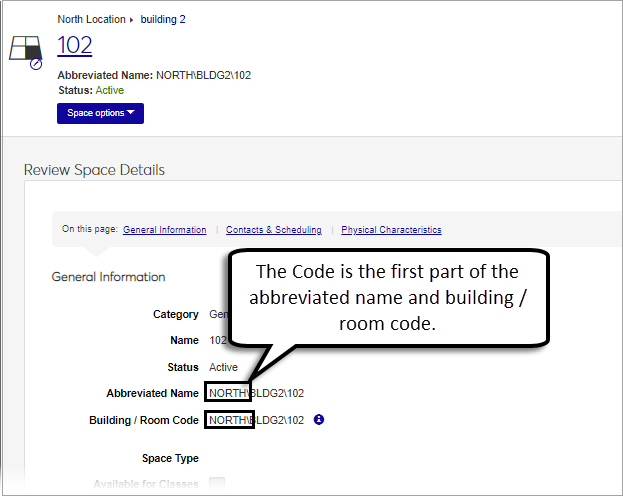 Space details page with the campus location code highlighted.