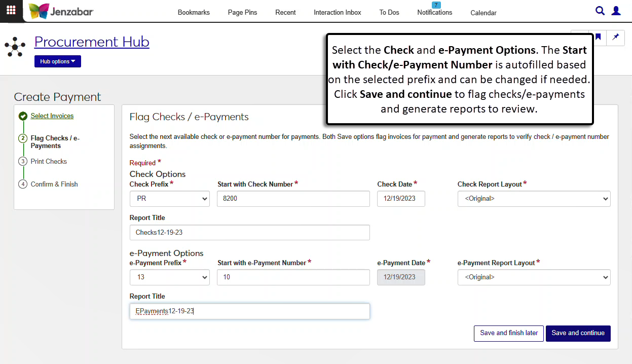 Step 2 of the Create Payment process, where the payment prefixes and number, payment date and report layouts are defined.