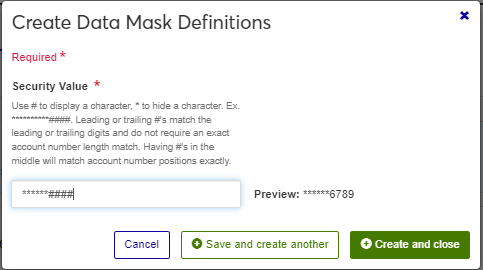 Create Data Mask Definitions pop-up for bank account numbers.