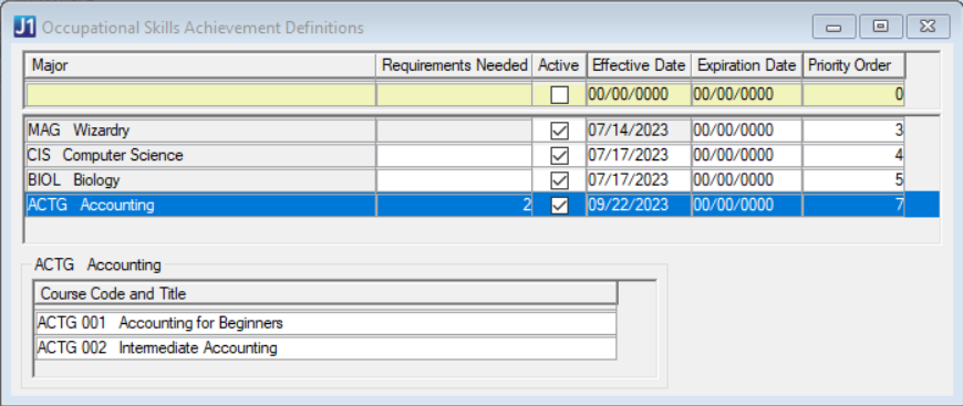 Occupational Skills Achievement Definitions window showing Accounting defined with 2 courses
